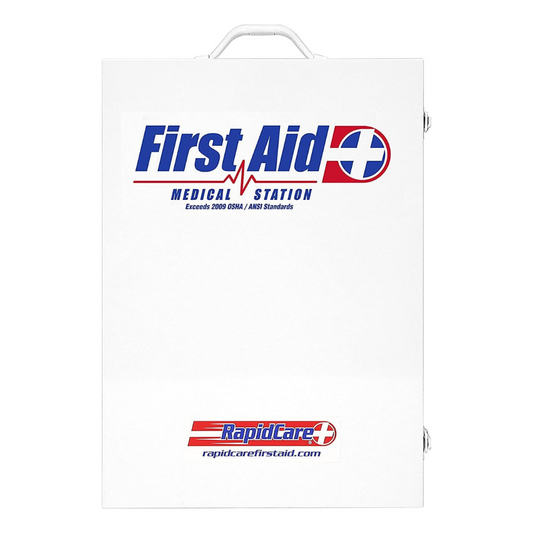 Rapid Care First Aid metal cabinet with four shelves, designed for organizing first aid supplies in a durable, wall-mounted first aid kit.