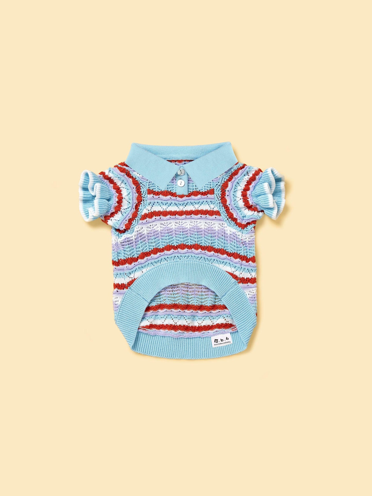 Pet & Me Spring Summer Ocean Blue Ruffle Crochet Short Sleeve Polo Sweater for pets by BarkBarkBaby, featuring ruffle details and crochet texture.