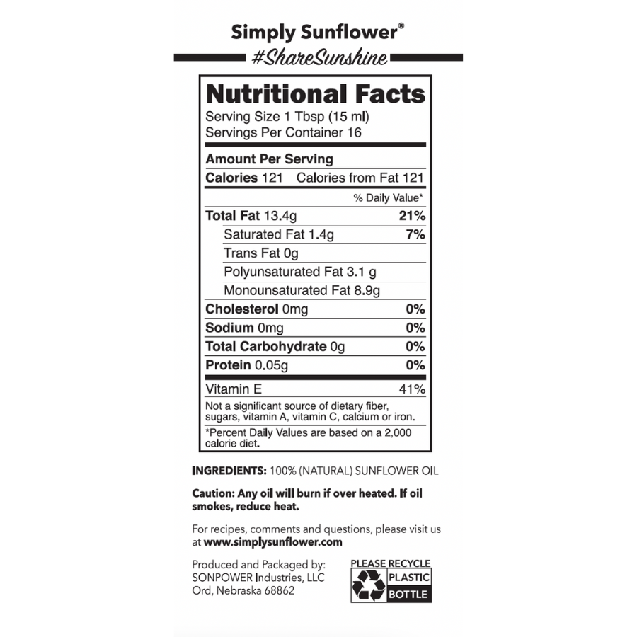 Bottle of Simply Sunflower sunflower oil in 8 oz size, non-GMO, gluten-free, nut-free, vegan food product from BuyNebraska.com