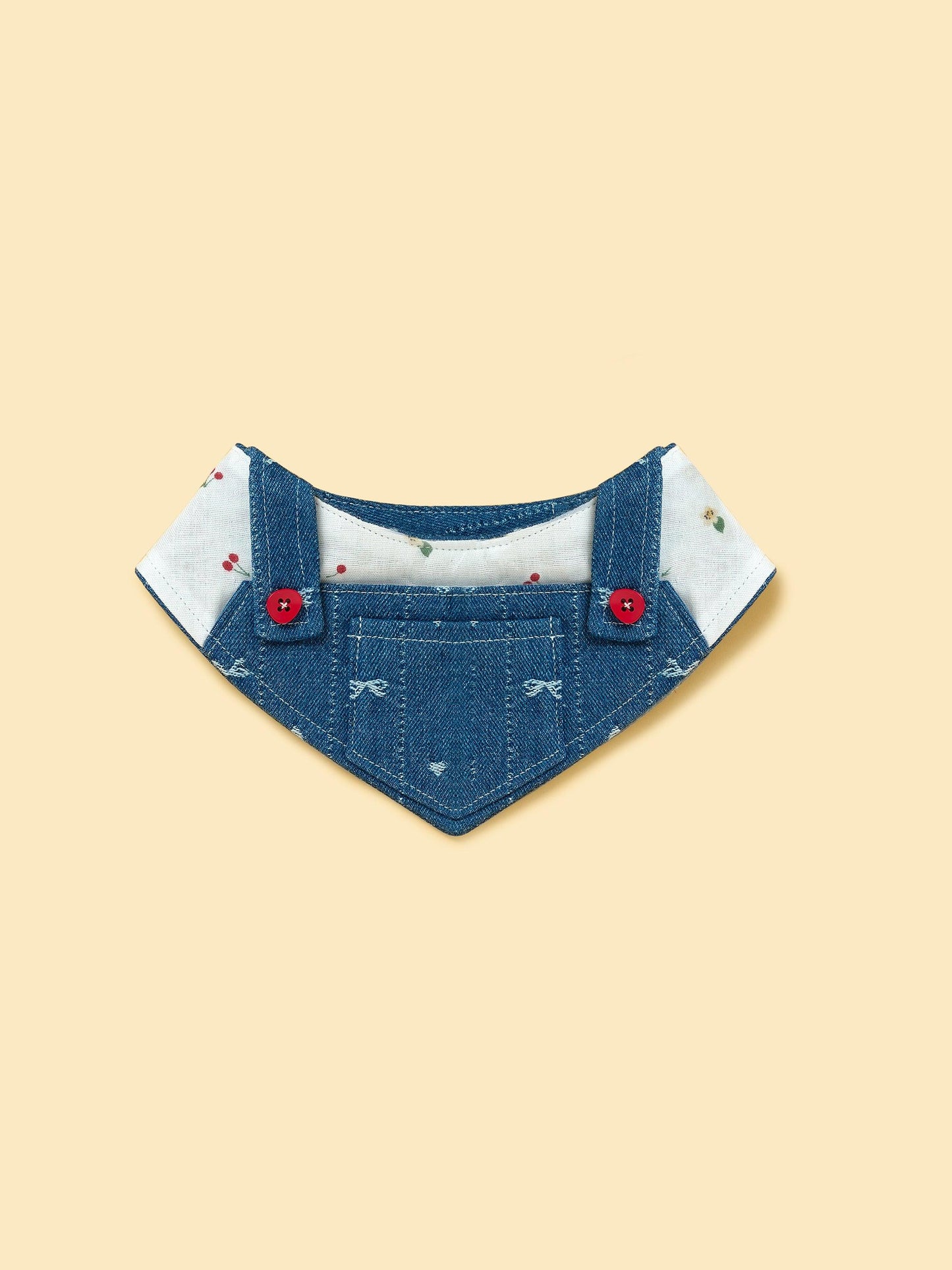 Reversible denim cherry pet bandana from BarkBarkBaby, featuring a stylish cherry pattern on soft fabric.
