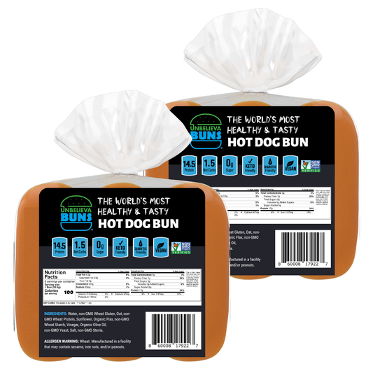 Two bags of Unbelievabuns high protein, low-carb hot dog buns with six buns in each bag, totaling twelve buns.
