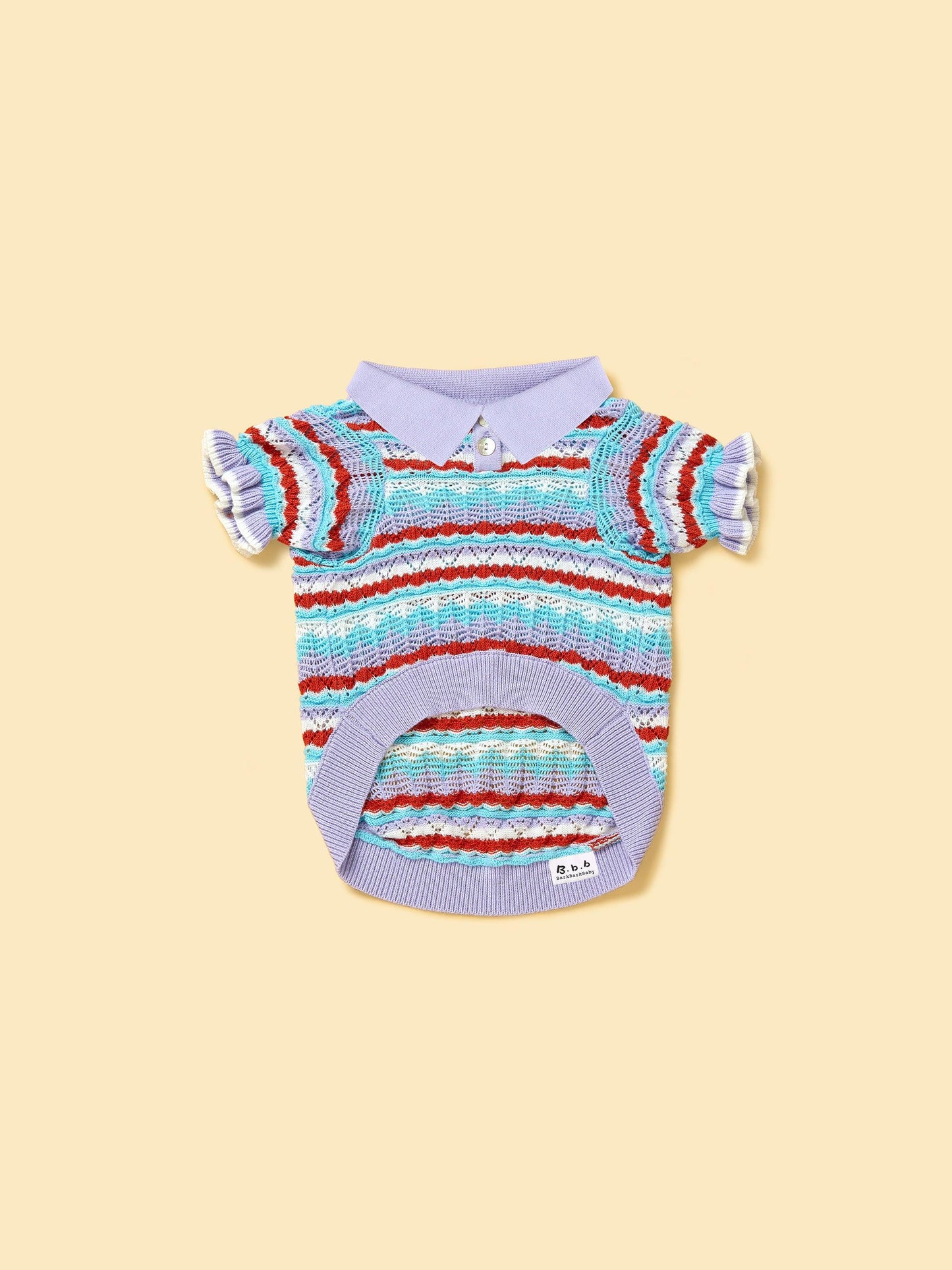 Pet & Me lavender crochet short sleeve polo shirt for pets, featuring ruffle details, by BarkBarkBaby.