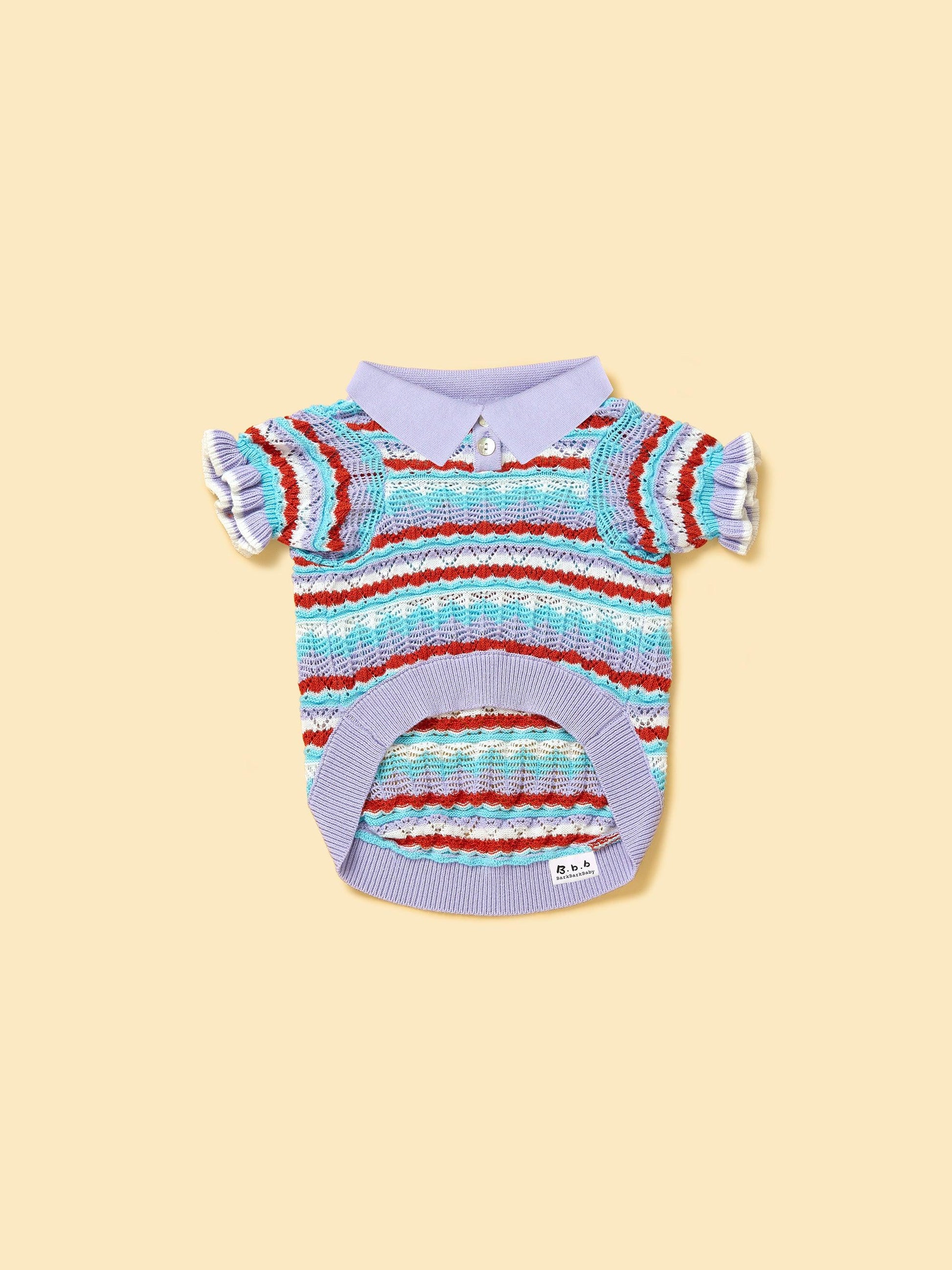 Pet & Me lavender crochet short sleeve polo shirt for pets, featuring ruffle details, by BarkBarkBaby.