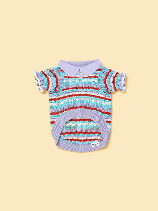 Pet & Me lavender crochet short sleeve polo shirt for pets, featuring ruffle details, by BarkBarkBaby.