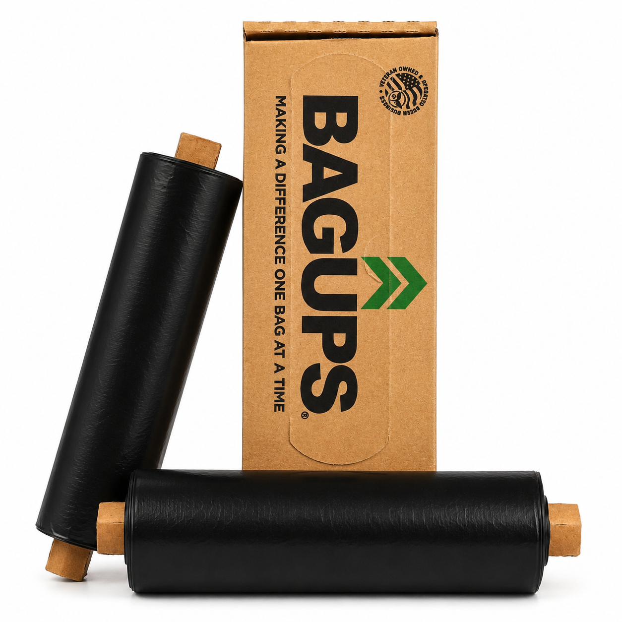 Two biodegradable 30-gallon trash bags from BagUps, showing durable, eco-friendly waste disposal options.