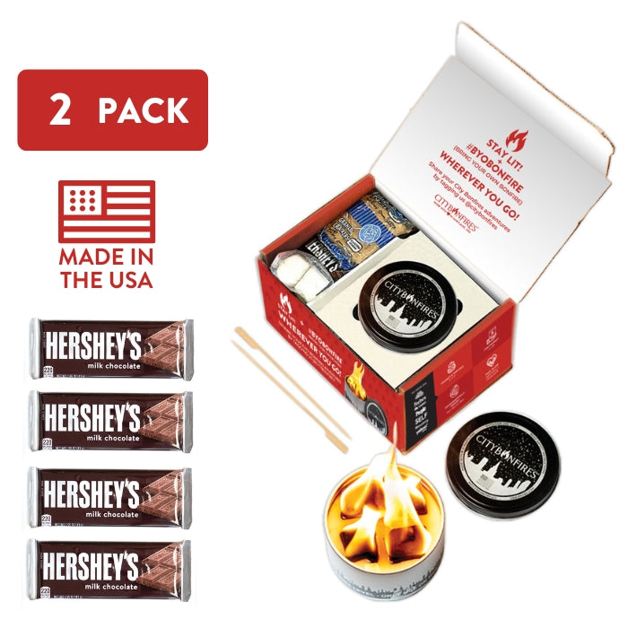 Two City Bonfires S'mores Night Pack outdoor bars with graham crackers, marshmallows, and chocolate for campfire treats.
