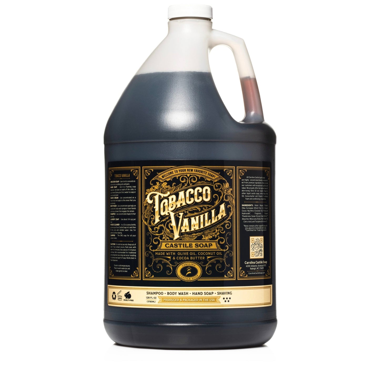 Carolina Castile Soap Tobacco Vanilla scent in a 1-gallon container, featuring a clear bottle with a label and soap inside.