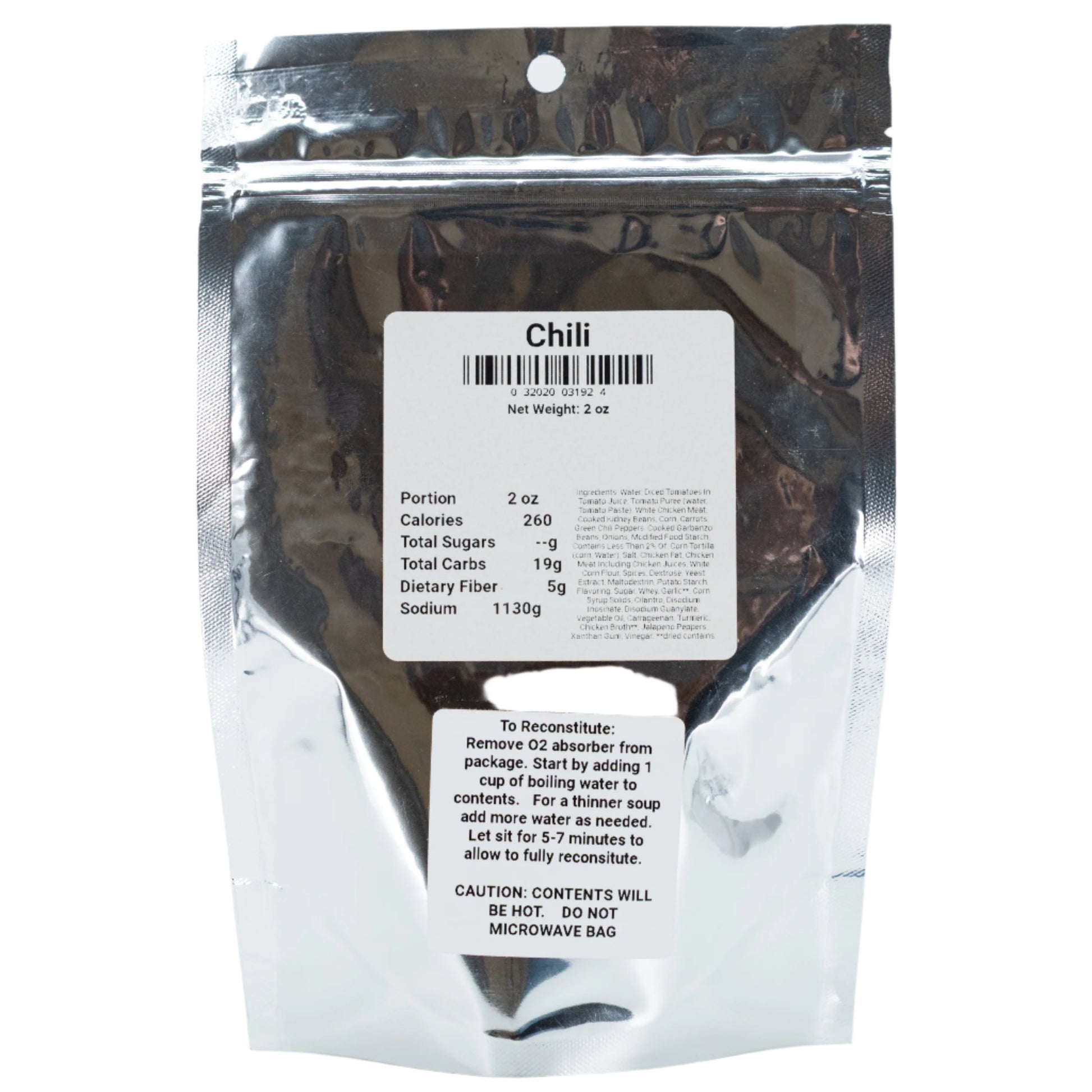 Freeze dried chili soup by Wicked Good Foods, 2 oz, in a clear package with chili flakes and dried herbs visible inside.