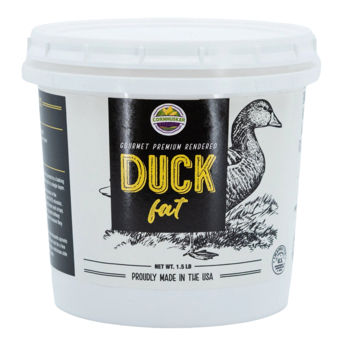 Rendered duck fat from Cornhusker Kitchen, 1.5 lb, gluten-free and non-GMO, shown in a clear container with a golden hue.