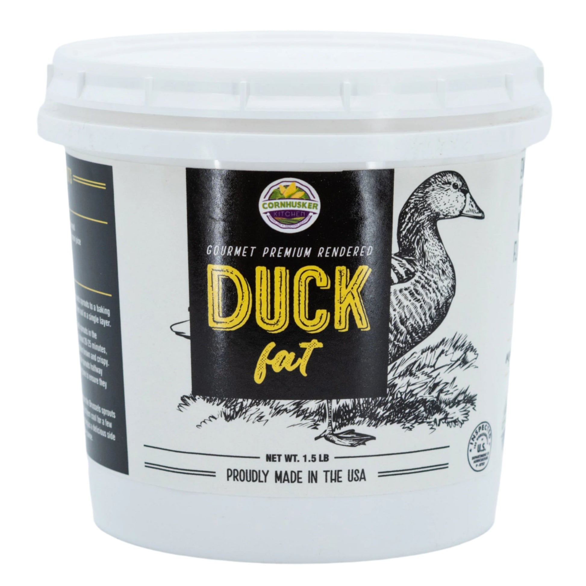 Rendered duck fat from Cornhusker Kitchen, 1.5 lb, gluten-free and non-GMO, shown in a clear container with a golden hue.