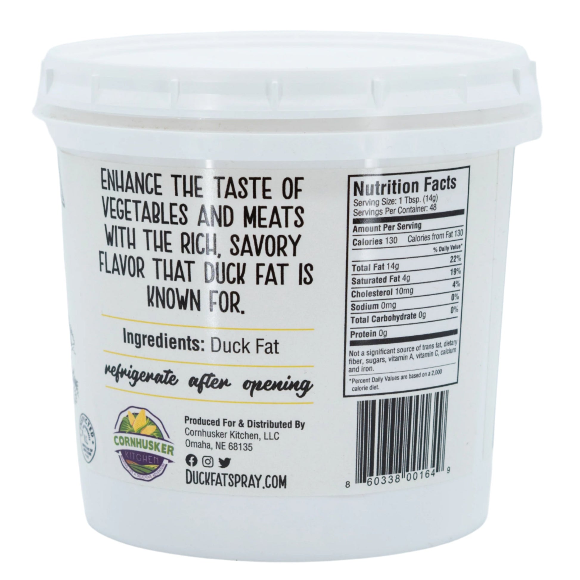 Rendered duck fat from BuyNebraska.com, 1.5 lb gluten-free, non-GMO food product in a jar with a metal lid.