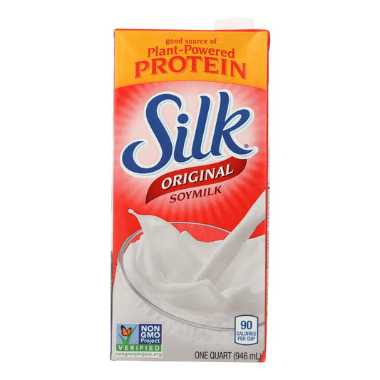 Six 32 oz bottles of Cozy Farm Silk Soymilk in original flavor, dairy-free plant-based beverage on a white background.
