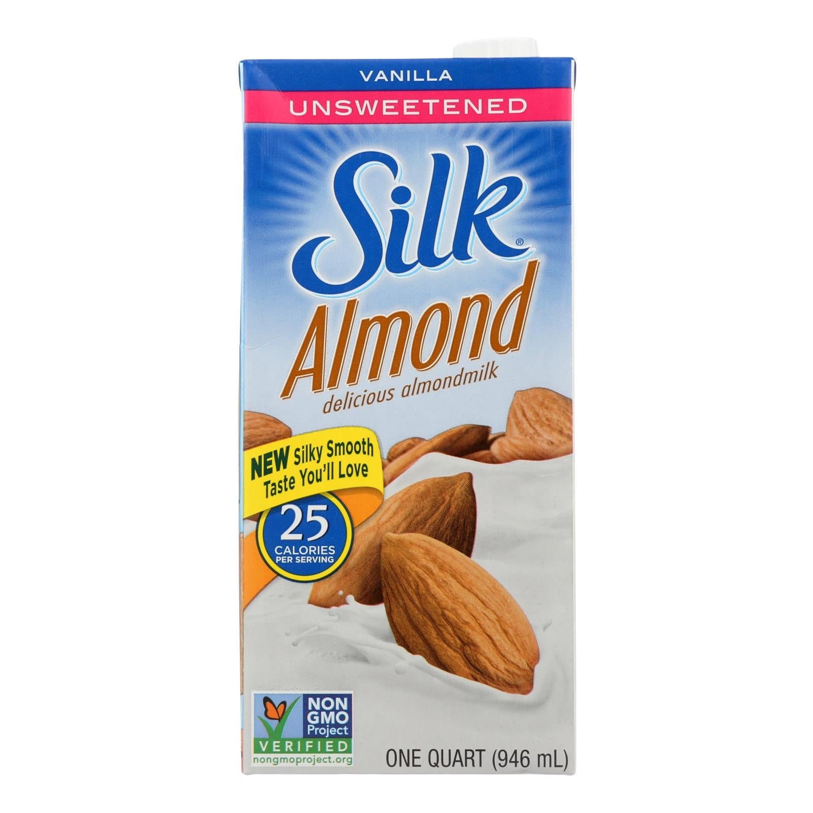 Six cartons of Cozy Farm Silk Almond Milk Unsweetened Vanilla, 32 fl oz each, with almond milk bottles on a kitchen counter.