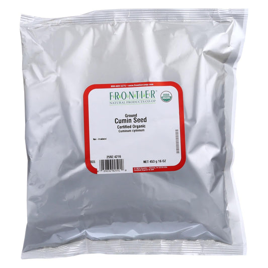 Organic cumin seed powder by Cozy Farm in a 1lb bulk package, featuring finely ground cumin seeds for cooking and seasoning.