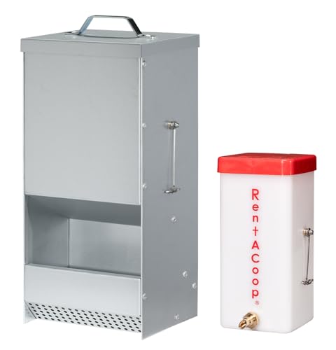 RentACoop RAC Paws 5 lb metal rabbit feeder and 32 oz water drinker set for small animals, durable and easy to clean.