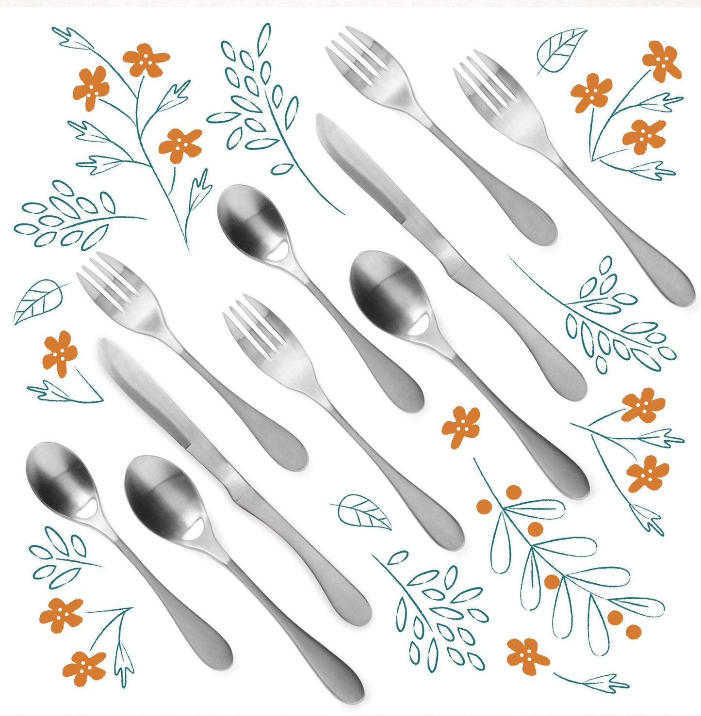 Knork Original 20-piece flatware set including forks, knives, spoons for four people, stainless steel utensils arranged neatly.
