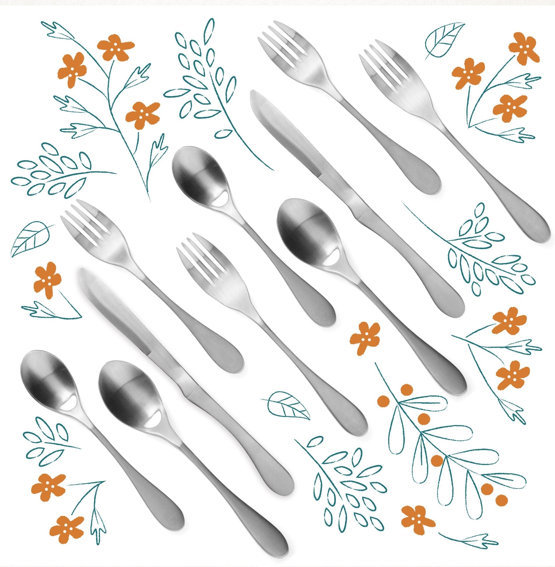 Knork Original 20-piece flatware set including forks, knives, spoons for four people, stainless steel utensils arranged neatly.