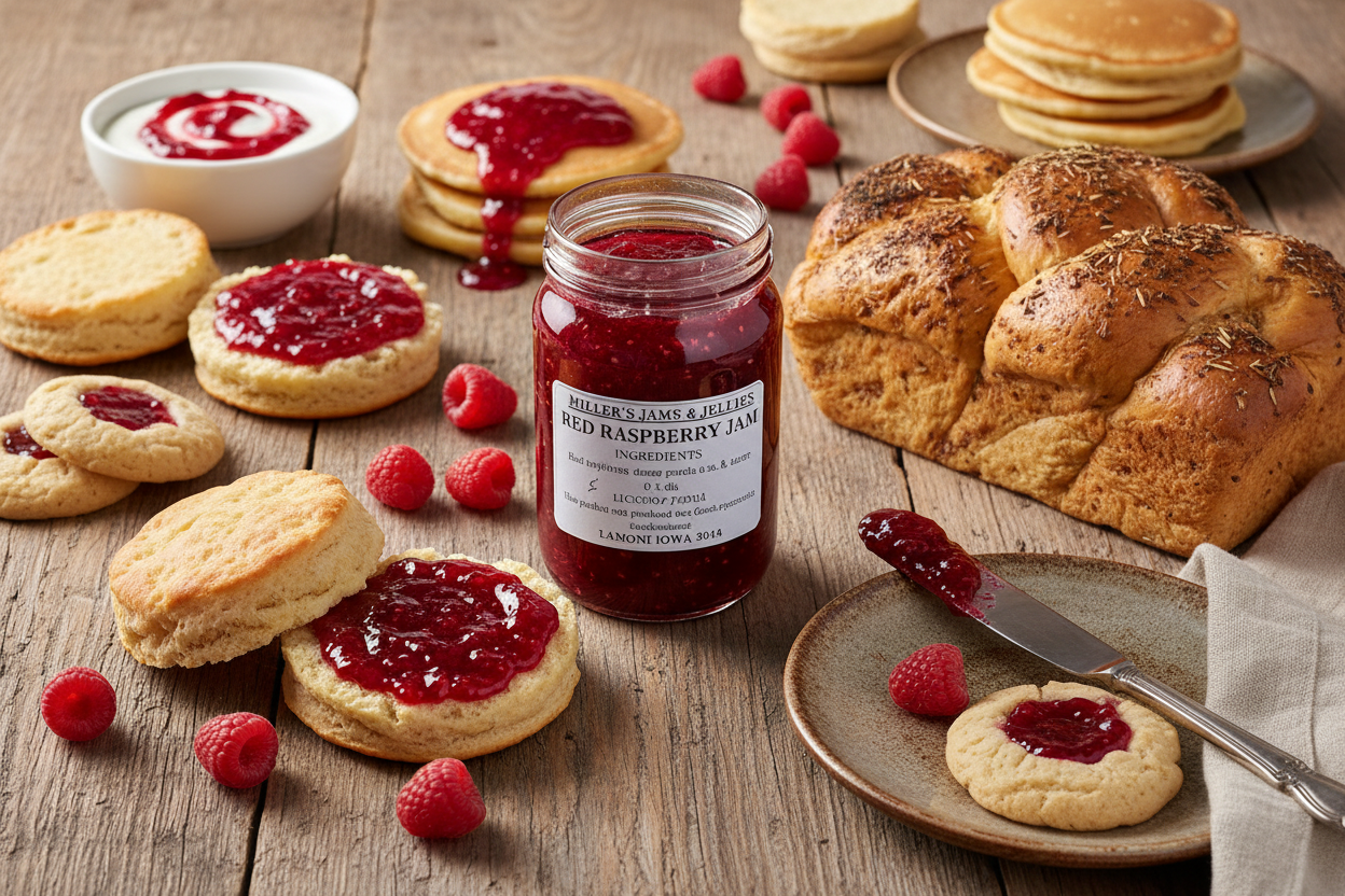 Amish Country Store Miller's Red Raspberry Jam jar with label, showing fresh red raspberries and Amish-made Amish jam product