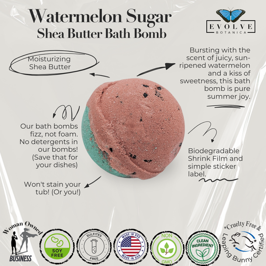 Evolve Botanica Watermelon Sugar bath bomb with vibrant pink and green swirls, designed for relaxing bath experiences.