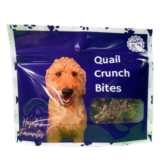 Dehydrated dog treats with quail meat and shells, organic and healthy, suitable for training and rewarding dogs.