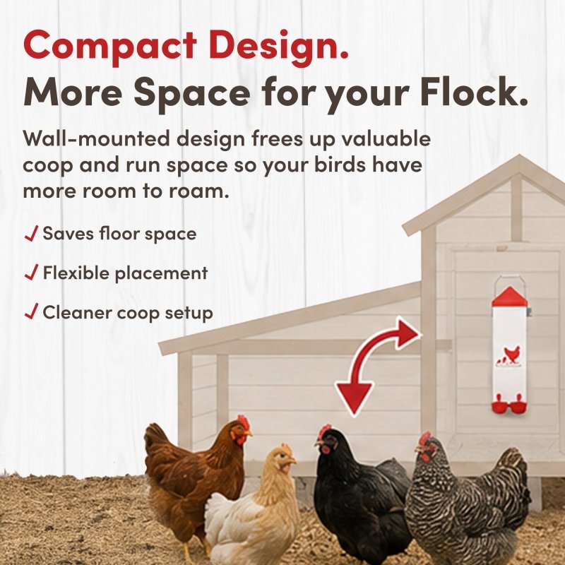 RentACoop 2-gallon highrise chicken waterer with auto-fill cups and horizontal nipples for easy, clean poultry watering.