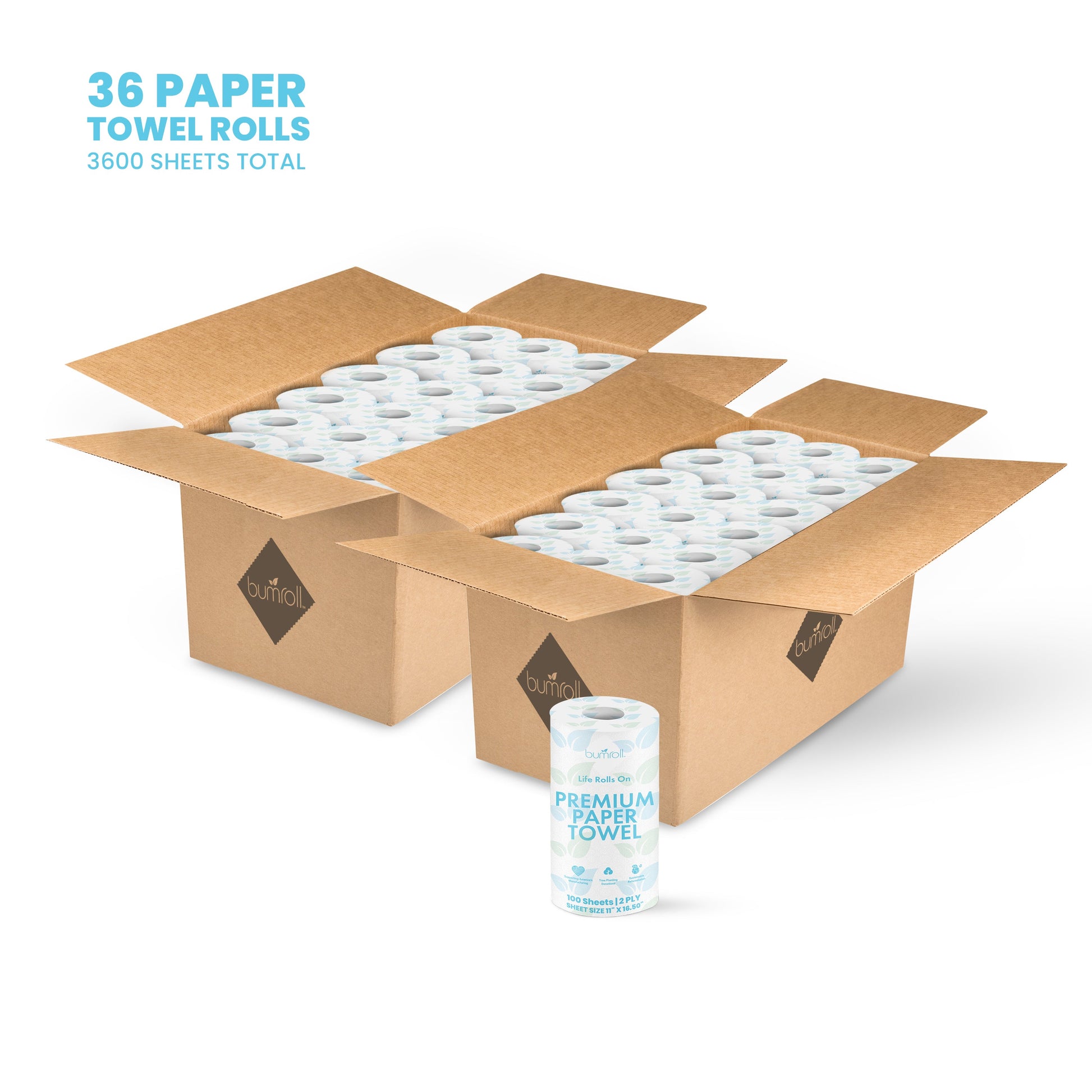 Join Bumroll bamboo toilet paper and paper towels in a 36-pack bundle, showcasing eco-friendly packaging and natural plant-based materials.