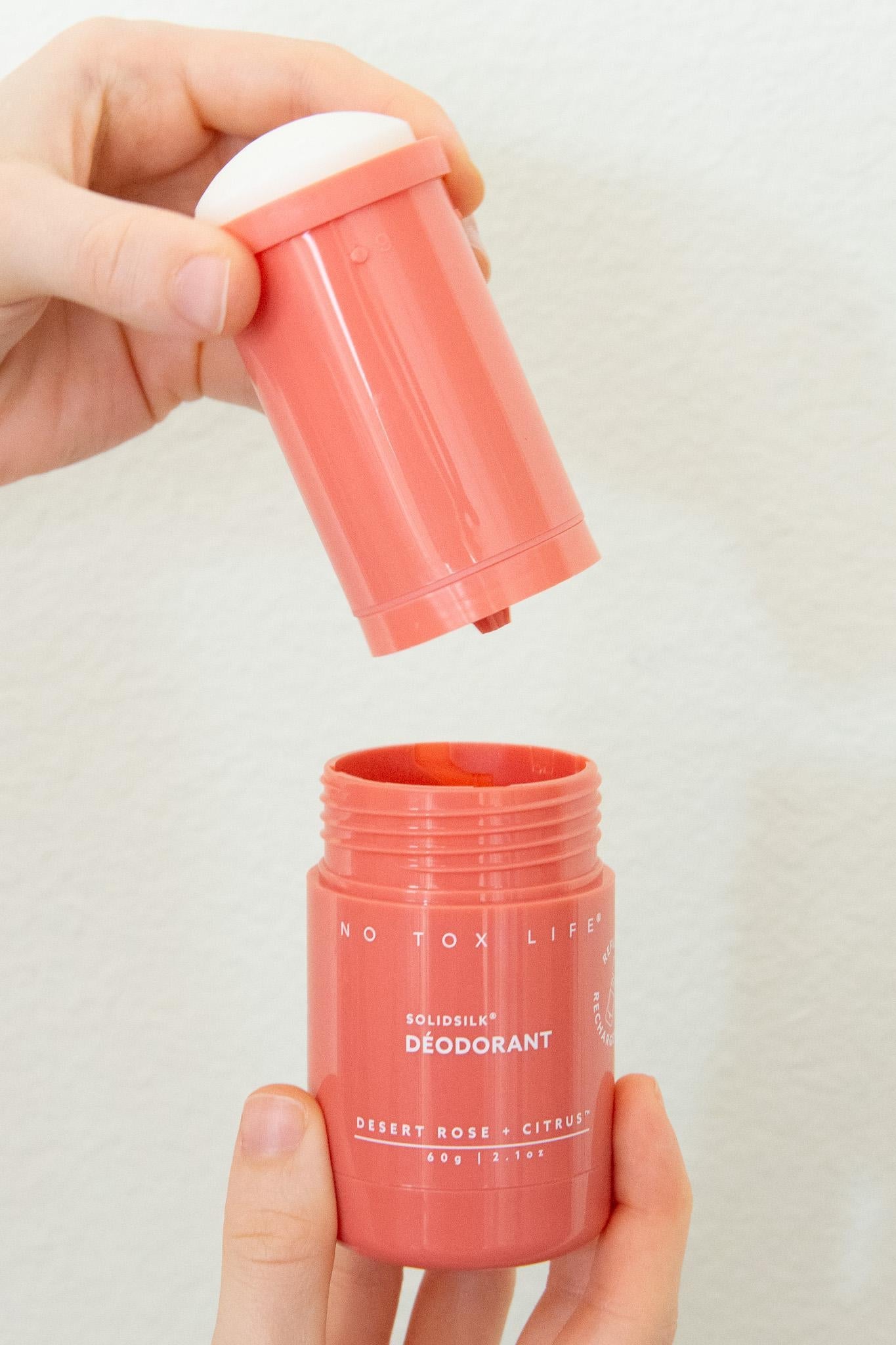 Refillable SOLIDSILK® Desert Rose and Citrus deodorant stick by NO TOX LIFE, featuring natural ingredients and extra strength formula.