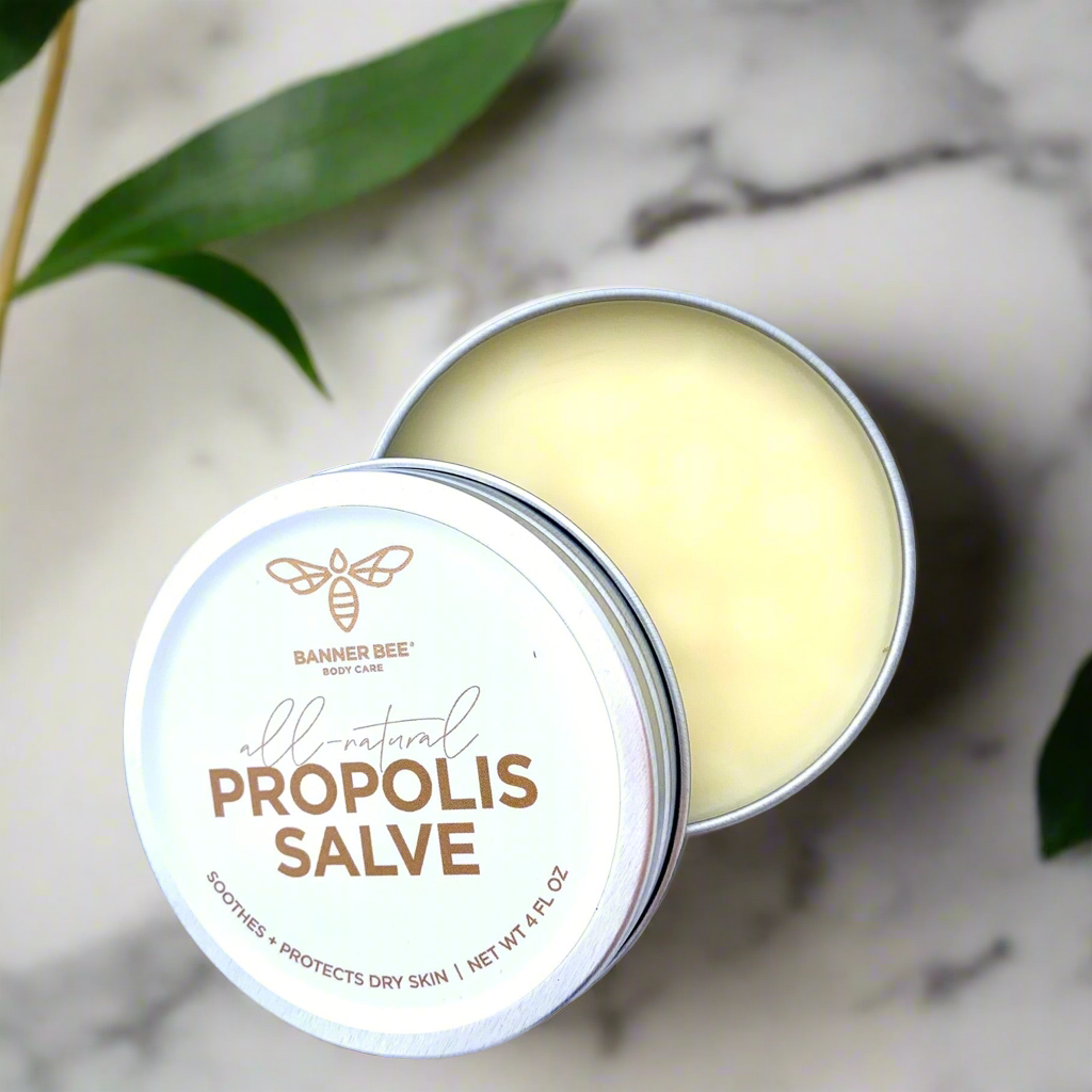 BannerBee Propolis Salve for Hand and Body, natural skin care with beeswax and propolis for soothing and moisturizing skin.