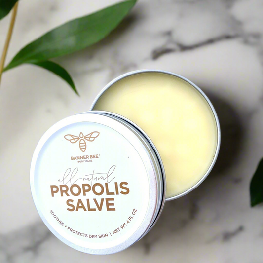 BannerBee Propolis Salve for Hand and Body, natural skin care with beeswax and propolis for soothing and moisturizing skin.