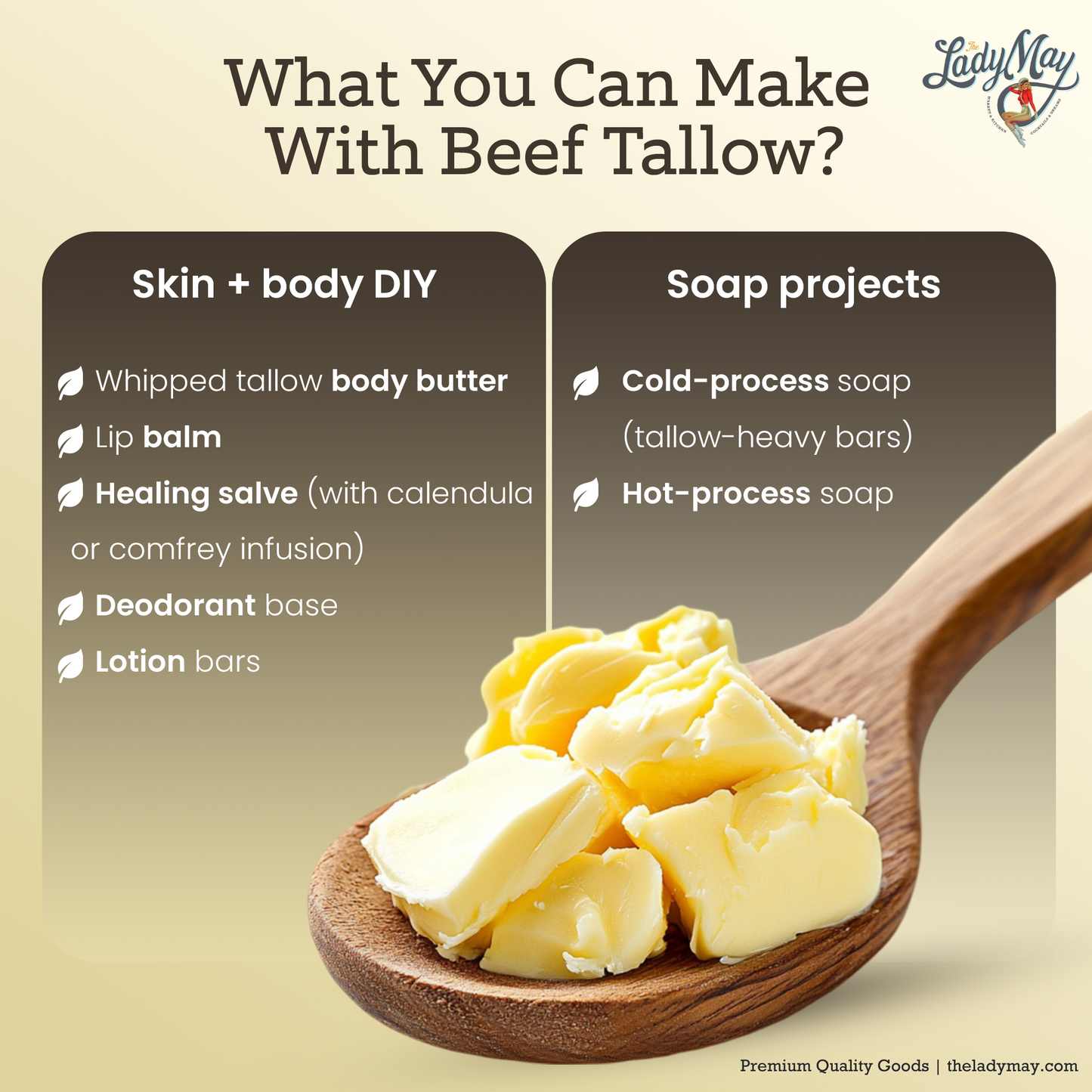 Unscented bulk beef tallow by Lady May Tallow, 16 pounds of natural, pure beef fat in a large container.