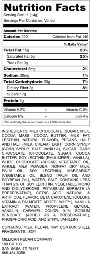 Nutritional label for Millican Pecan's combination 3-chocolate Caramillicans gift box, featuring pecan treats with chocolate coating.