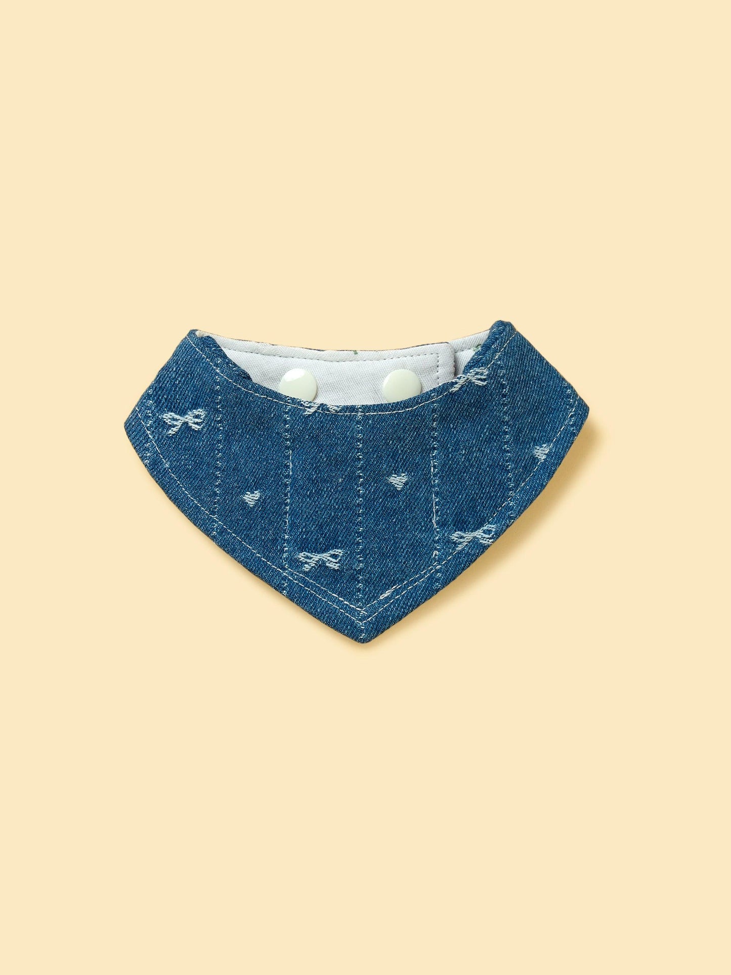 Reversible denim cherry pet bandana by BarkBarkBaby, featuring a stylish cherry print on soft fabric for dogs or cats.