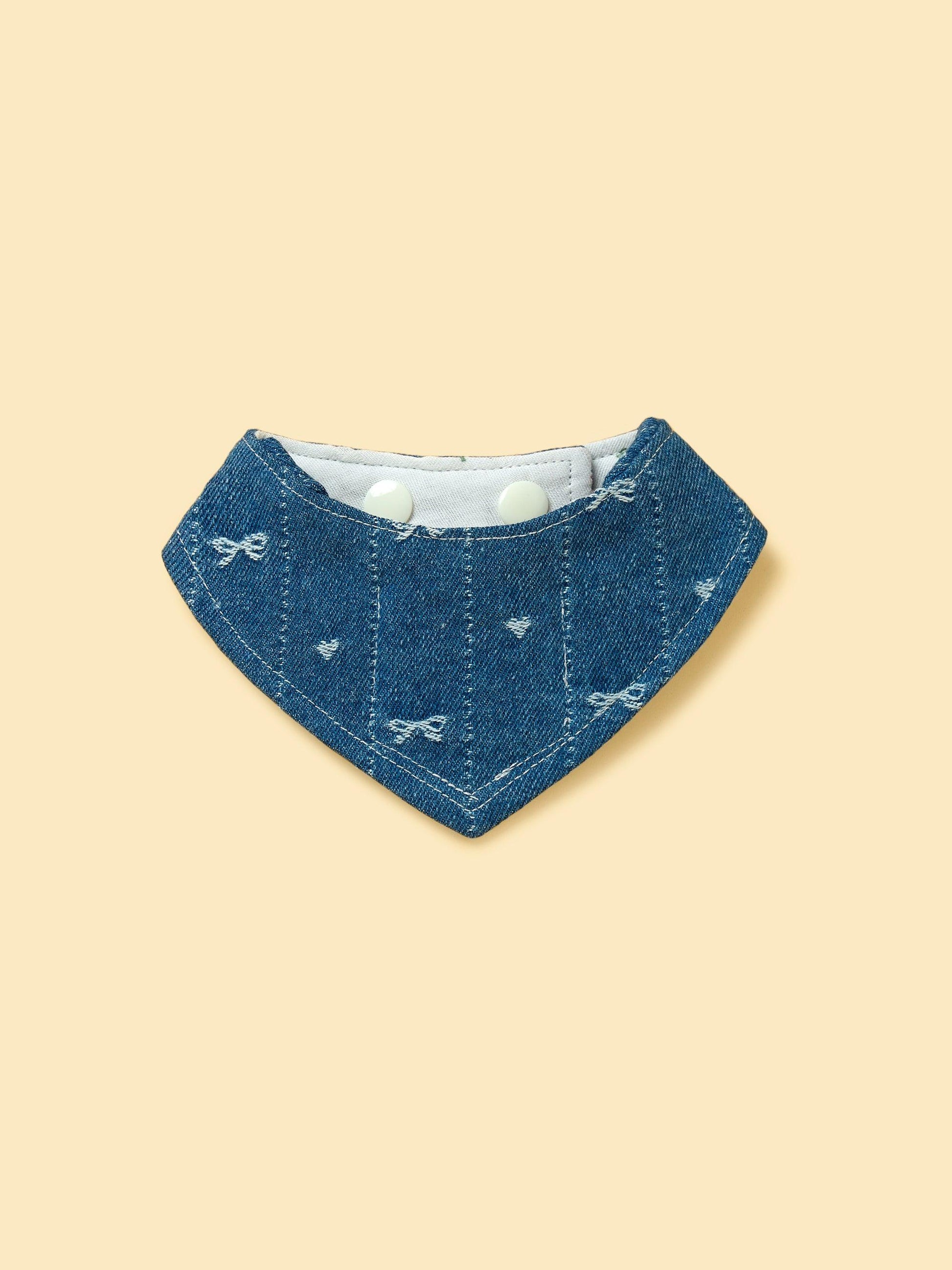Reversible denim cherry pet bandana by BarkBarkBaby, featuring a stylish cherry print on soft fabric for dogs or cats.