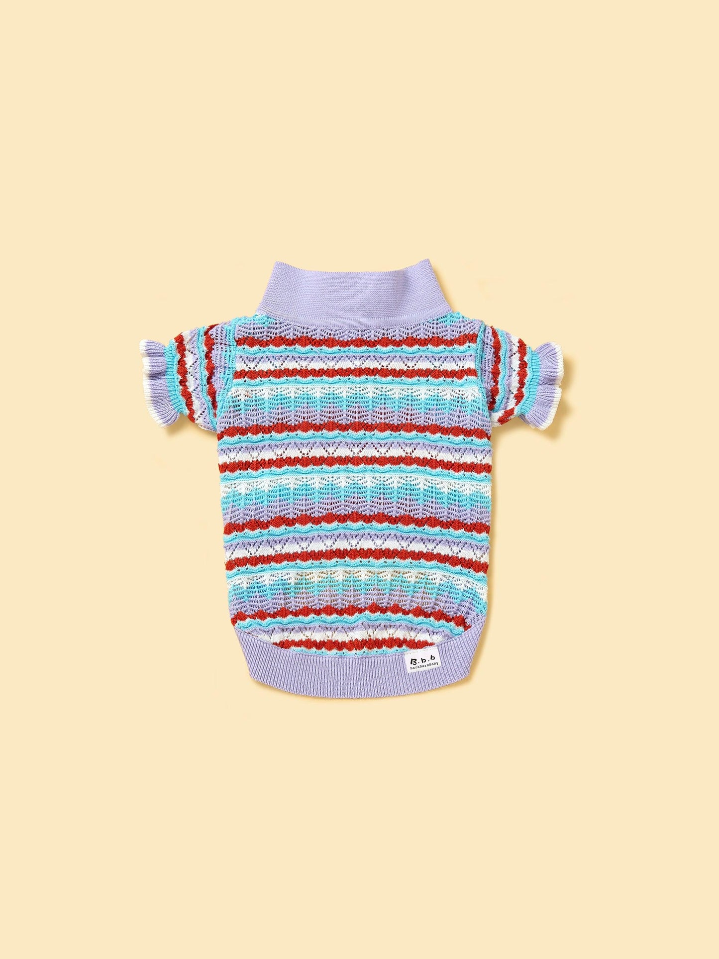 Pet & Me Lavender Ruffle Crochet Polo Shirt by BarkBarkBaby, short sleeve sweater with ruffles, perfect for spring and summer.