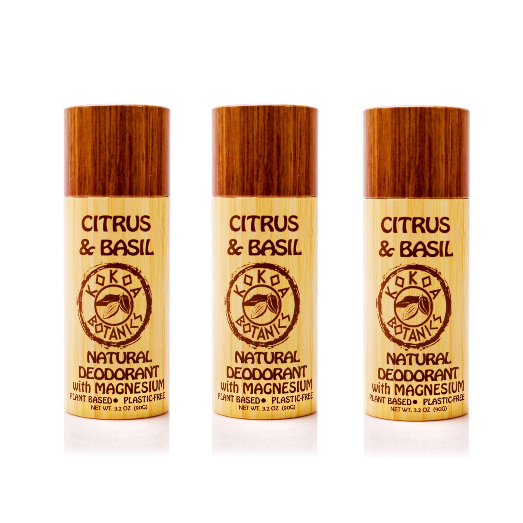 Three KOKOA BOTANICS natural deodorants in citrus and basil scents, aluminum-free, in a 3-pack.