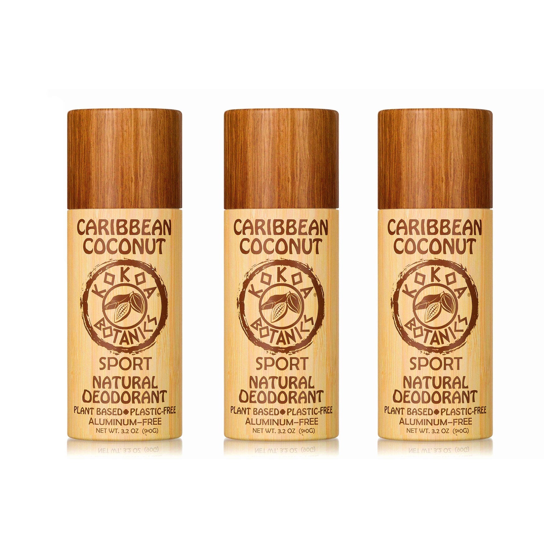 Three KOKOA BOTANICS natural deodorants in coconut scent, aluminum-free, in a 3-pack with biodegradable packaging.