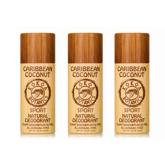 Three KOKOA BOTANICS natural deodorants in a pack, featuring aluminum-free varieties with coconut scent and eco-friendly packaging.