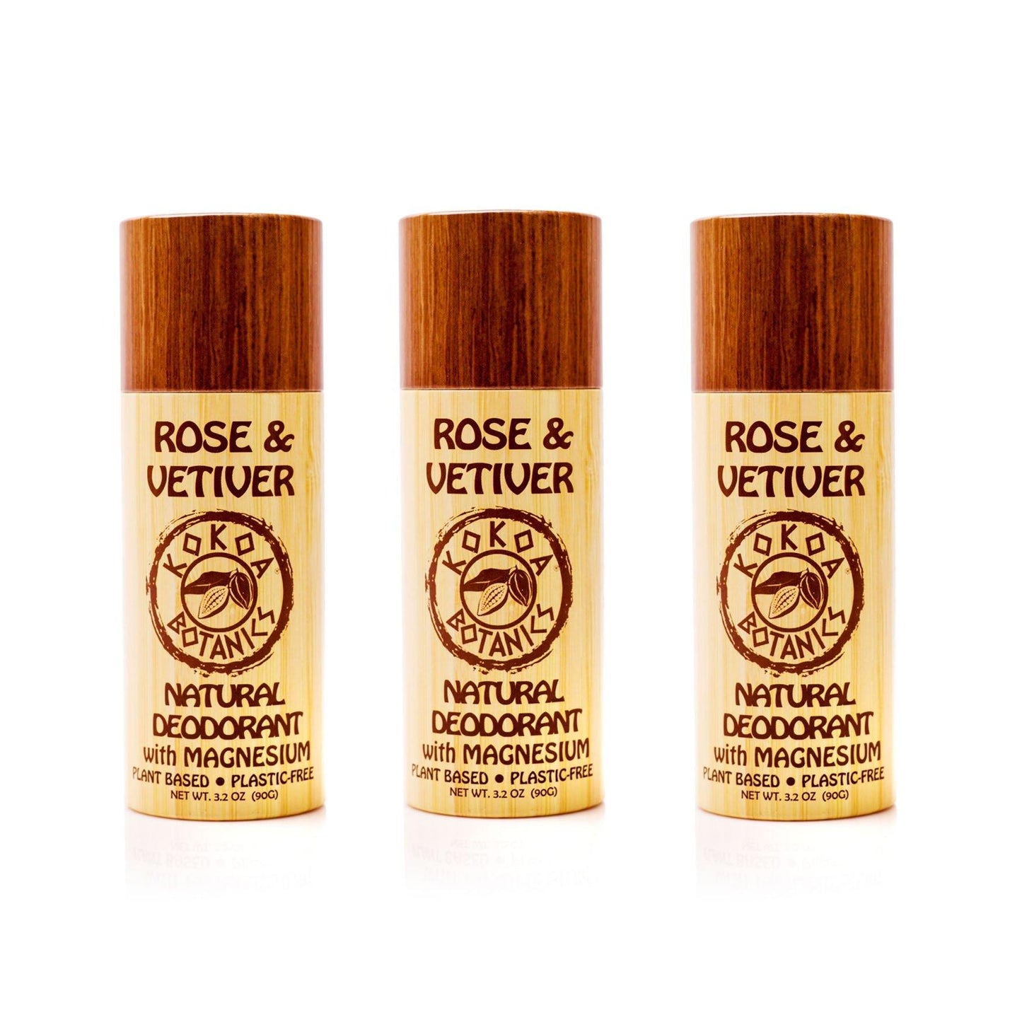 Three natural aluminum-free deodorants by KOKOA BOTANICS, featuring floral rose scent in a pack of three.