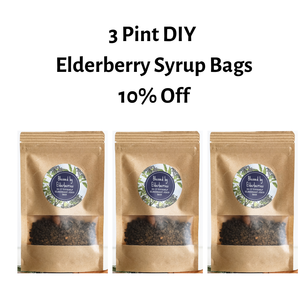 DIY pint-size elderberry syrup kit by Blessed by Elderberries, featuring three bags of ingredients for homemade elderberry syrup.