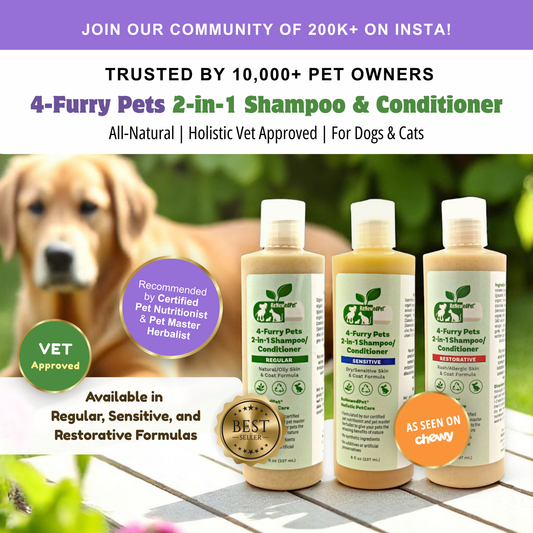 Four furry pets with shiny coats using ReNewedPet 4-Furry Pets 2-in-1 sensitive shampoo and conditioner.