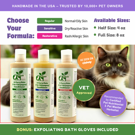 ReNewedPet 4-Furry Pets 2-in-1 sensitive shampoo and conditioner for dogs and cats, featuring four adorable furry friends illustration.