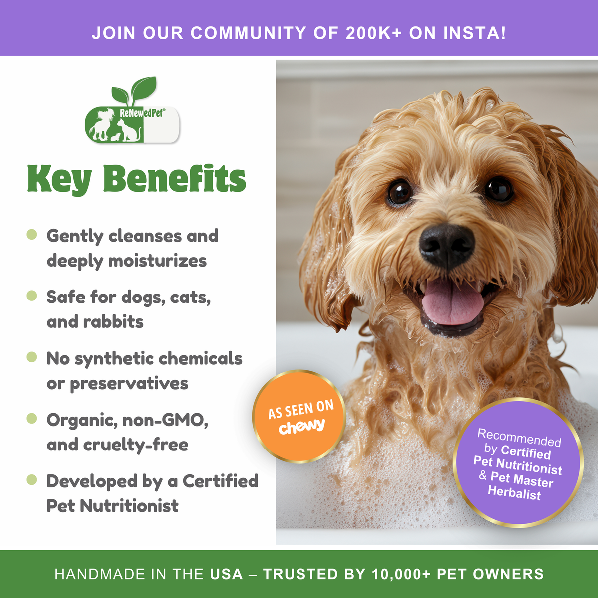 Four furry pets with shiny coats, illustrating ReNewedPet 4-Furry Friends 2-in-1 sensitive shampoo and conditioner for pets.