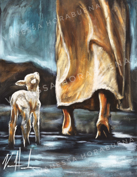 Jesus art print titled "My Sheep Listen to My Voice" by Vanessa Horabuena, featuring a colorful biblical scene with sheep and Jesus.