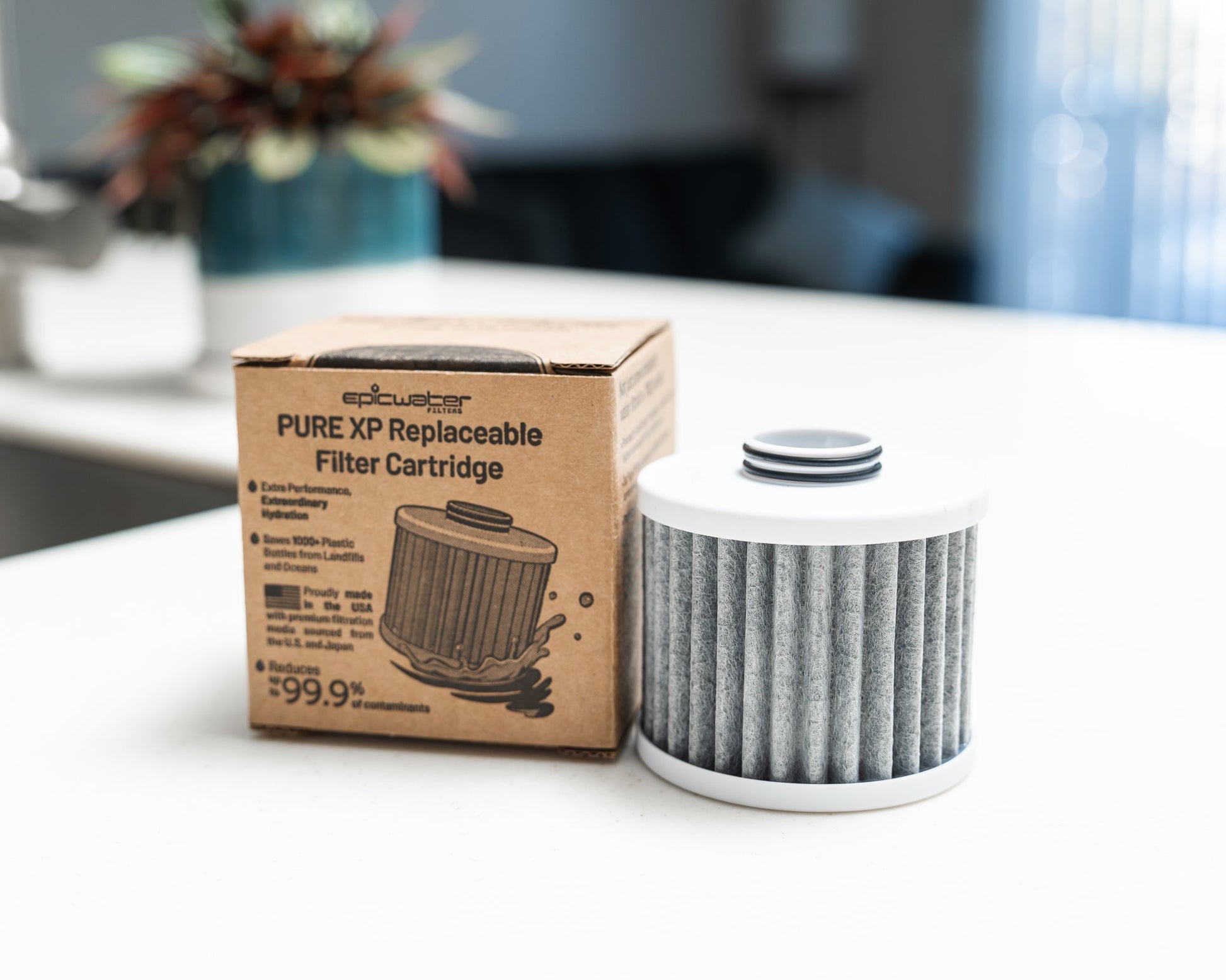 Epic Water Filters USA Pure XP replacement filter for clean, fresh drinking water, showing a white water filter cartridge.