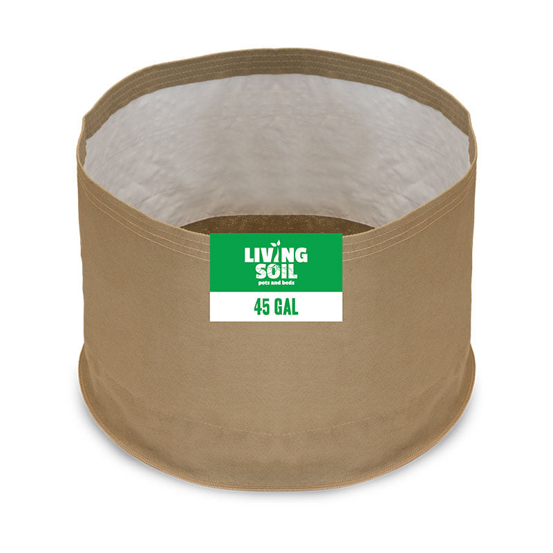 45-gallon Grassroots Fabric Pot for living soil cultivation, featuring durable fabric material and spacious design for healthy plant growth.