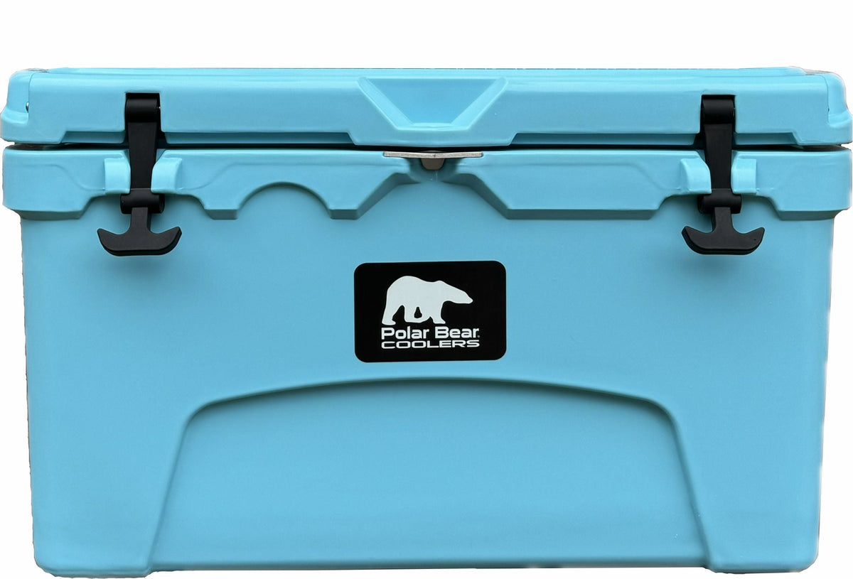 Polar Bear 45 Hard Cooler in marine blue with sturdy latches and insulated walls, designed for outdoor and camping use.