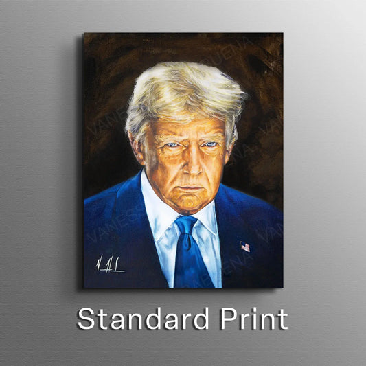 Close-up of a portrait of Donald Trump, 45th and 47th U.S. President, by Vanessa Horabuena, showcasing detailed facial features.