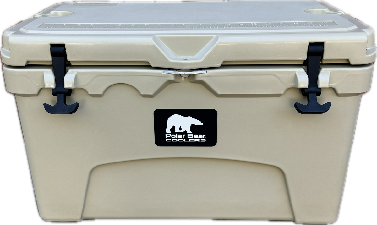 Polar Bear 45 Hard Cooler in khaki color, rugged insulated cooler for outdoor use by Polar Bear Coolers.