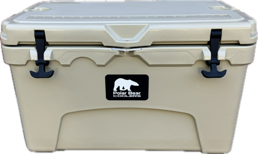 Polar Bear 45 Hard Cooler in khaki color with sturdy handles and latches, designed for keeping food and drinks cold.