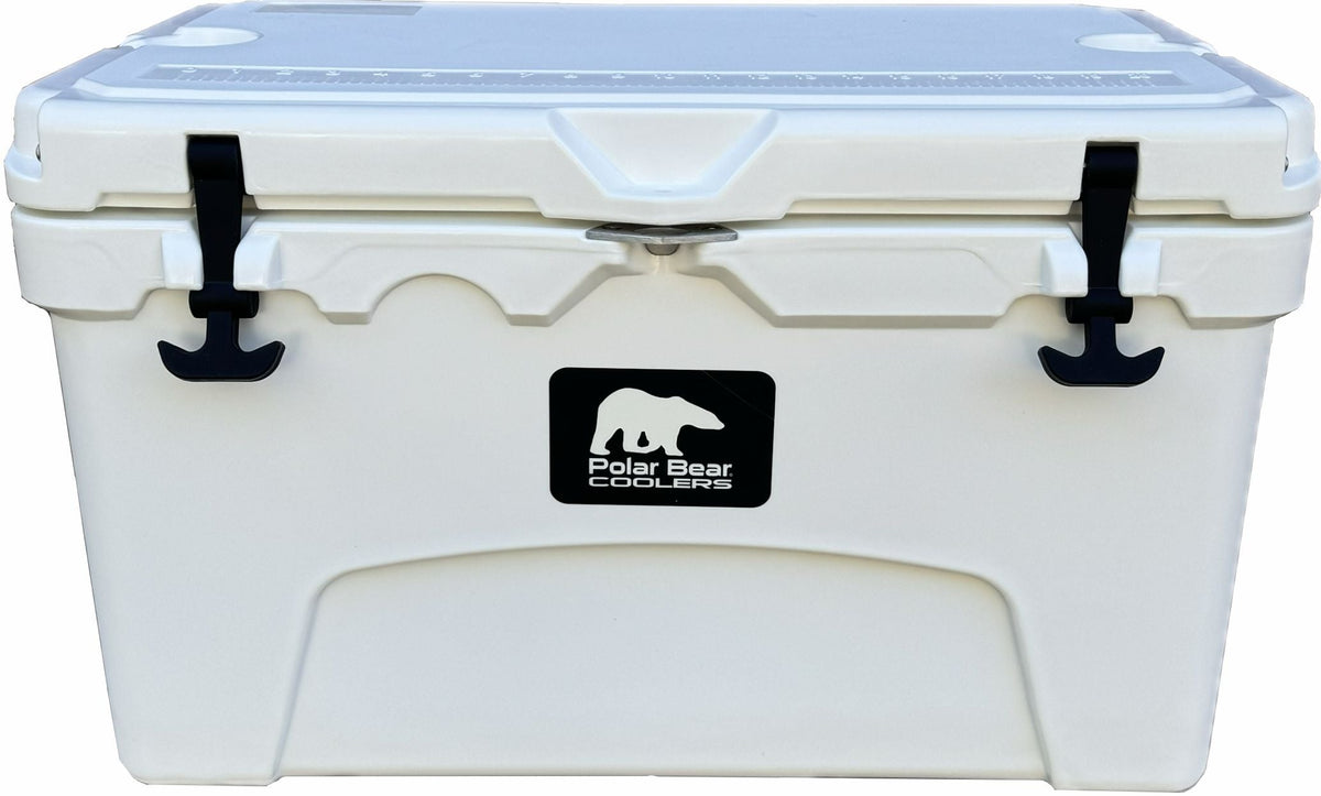 Polar Bear 45 hard cooler with white exterior, sturdy handles, and secure lid for outdoor and camping use.